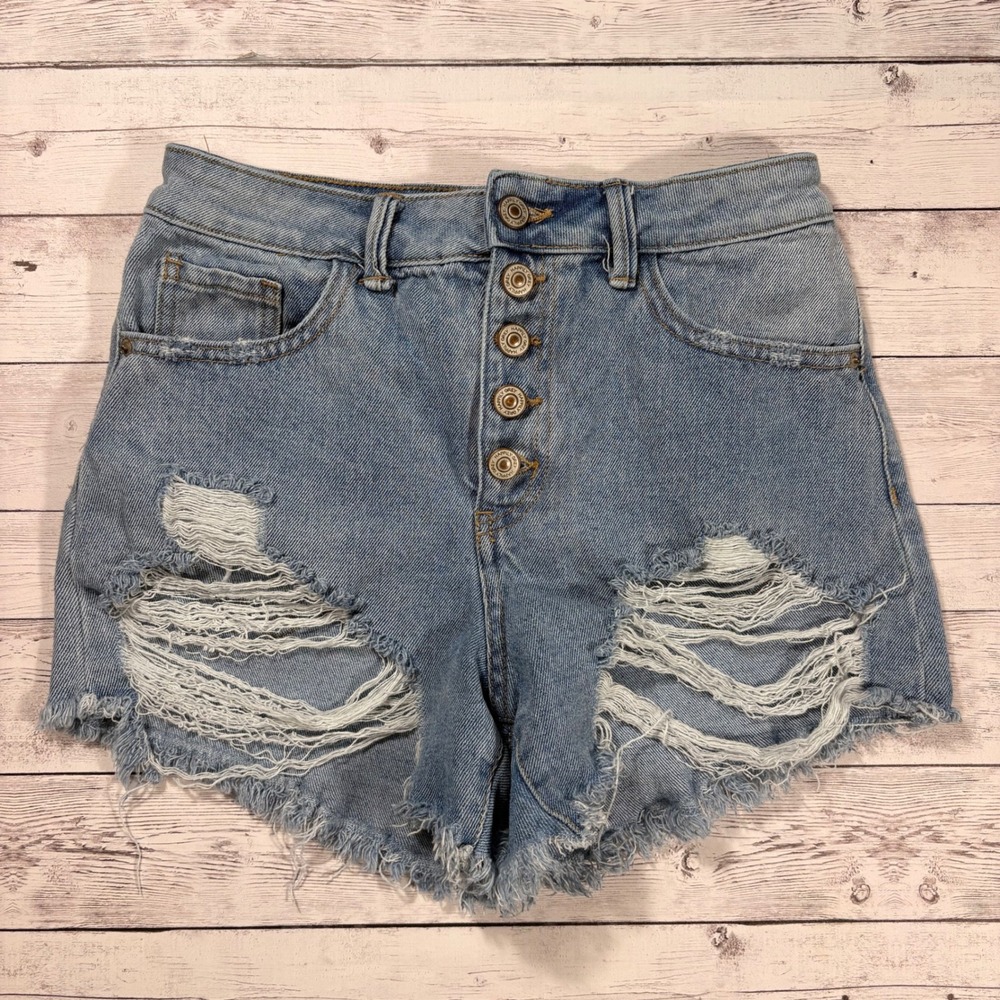 Happily Grey Distressed High Waisted Denim Shorts Light Wash Button Fly 1/25